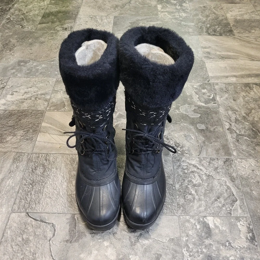 Vintage 90s y2k Sorel Winter Boots Black Faux Fur‎ Trim Lace Up Duck Boots 10